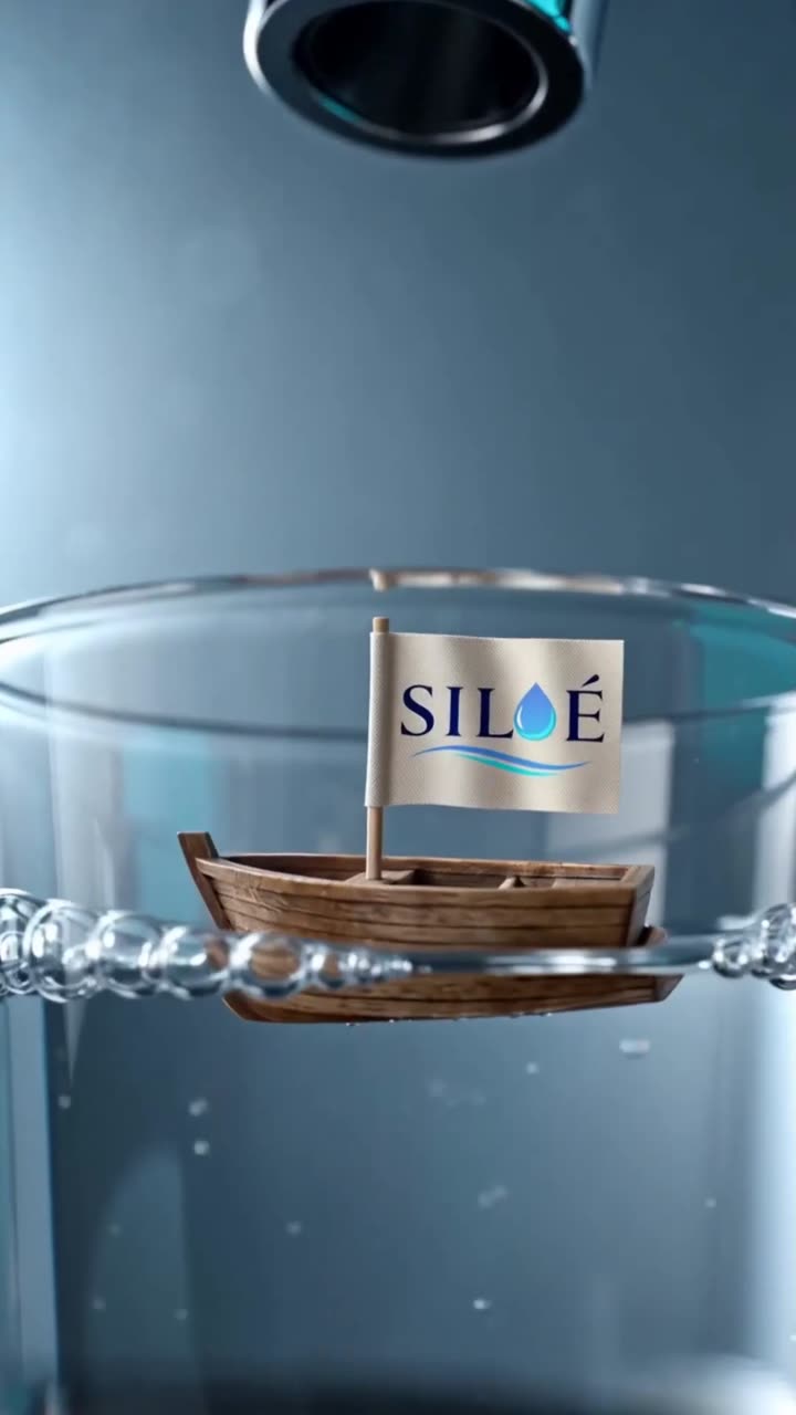 Un petit bateau de bois au pavillon Siloé flotte à la surface d'un verre d'eau limpide, sous le bec d'un robinet.